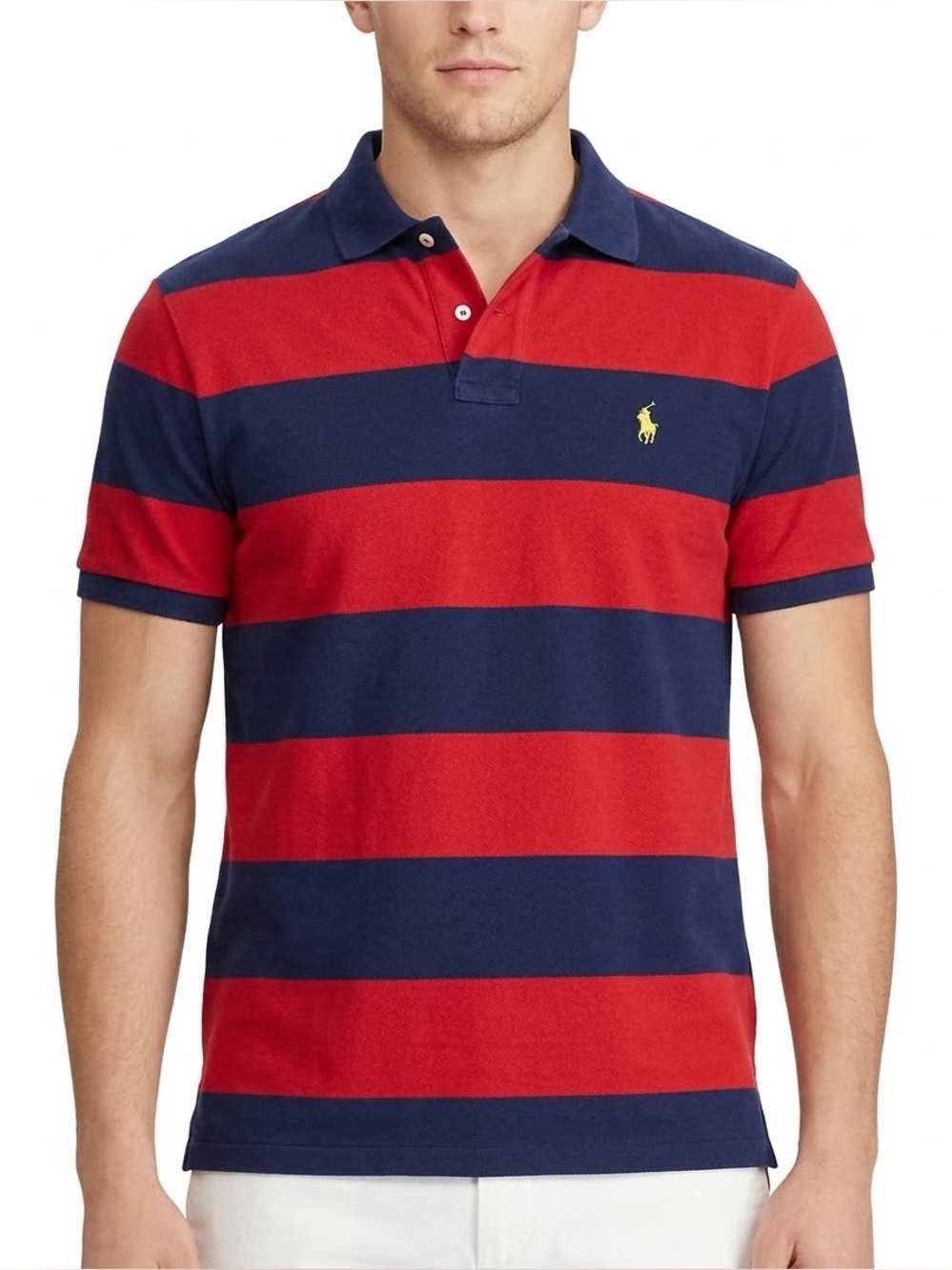 Polo Ralph Lauren Custom Fit Polo Shirt Mens L‎ Red Navy Stripe Yellow Pony